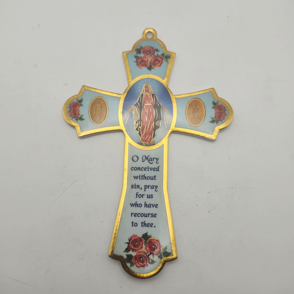 Our Lady Miraculous Medal Catholic Virgin Mary Roses Prayer Wall Cross Decor